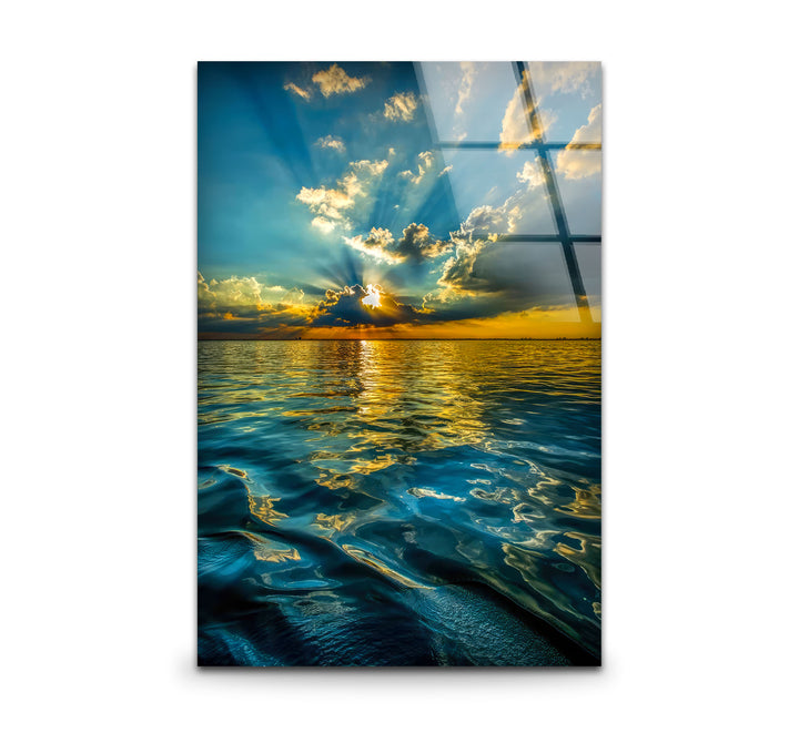 Wandkunst mit Sonnenuntergang am Meer – Strahlender Himmel und Reflexionen, vertikaler Glasdruck