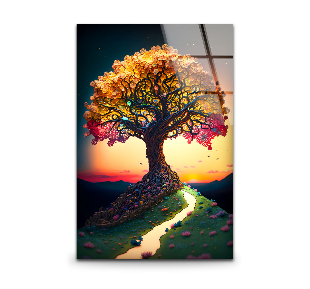 Verträumte Wandkunst mit Lebensbaum – Sonnenuntergangspfad, Fantasy-Glasdruck-Design