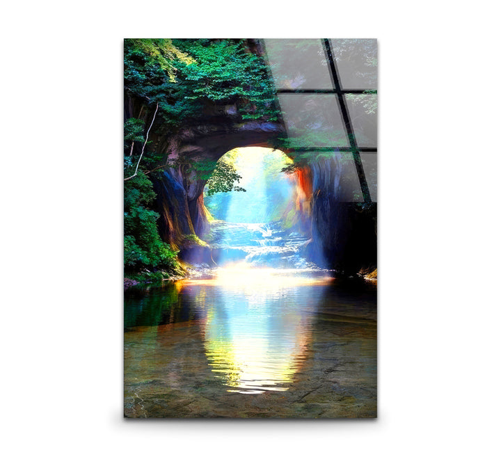 Waldlichttunnel-Wandkunst – Sonnenstrahlreflexions-Glasdruckdesign