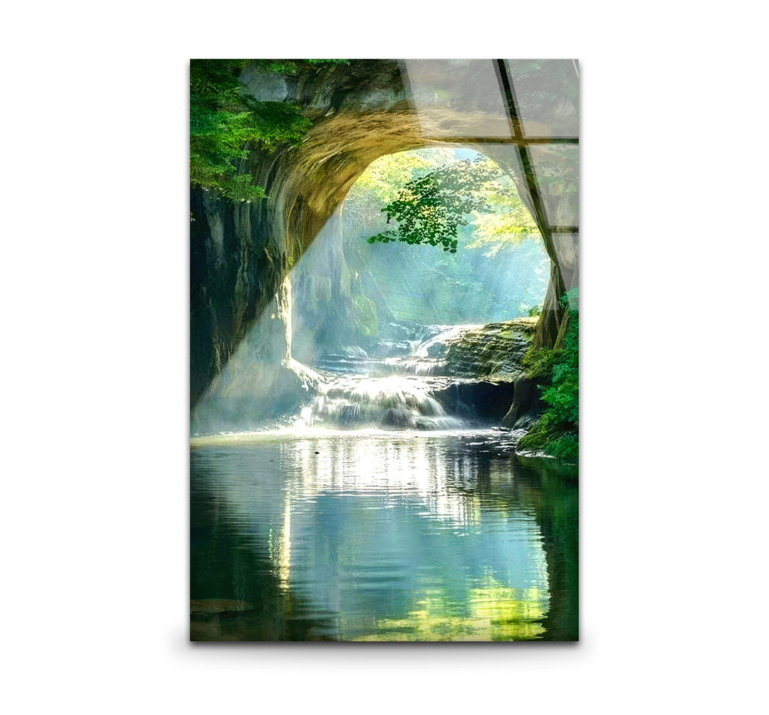 Wald-Wasserfall-Bogen-Wandkunst – Ruhige Naturszene Glasdruck