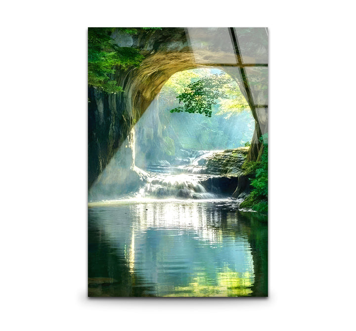 Wald-Wasserfall-Bogen-Wandkunst – Ruhige Naturszene Glasdruck