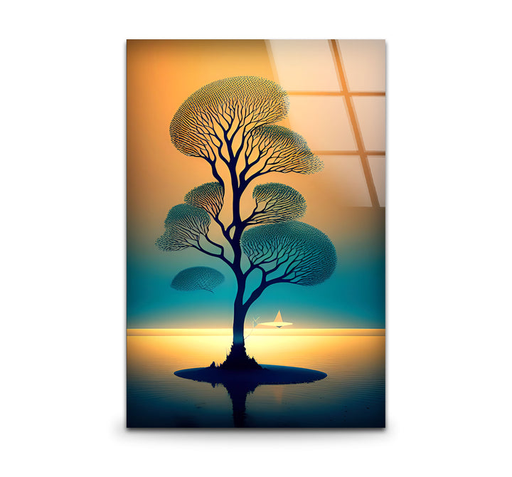 Serene Tree of Life Wall Art – Sailboat Sunset Glass Print Design