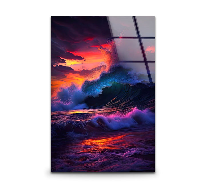 Wandkunst mit krachenden Wellen bei Sonnenuntergang – Dramatisches Ozean-Glasdruck-Design