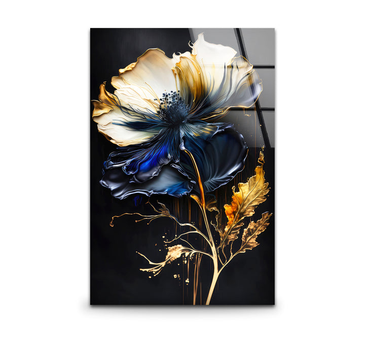 Blue and Gold Floral Wall Art – Elegant Dark Botanical Glass Print for Modern Luxury Decor
