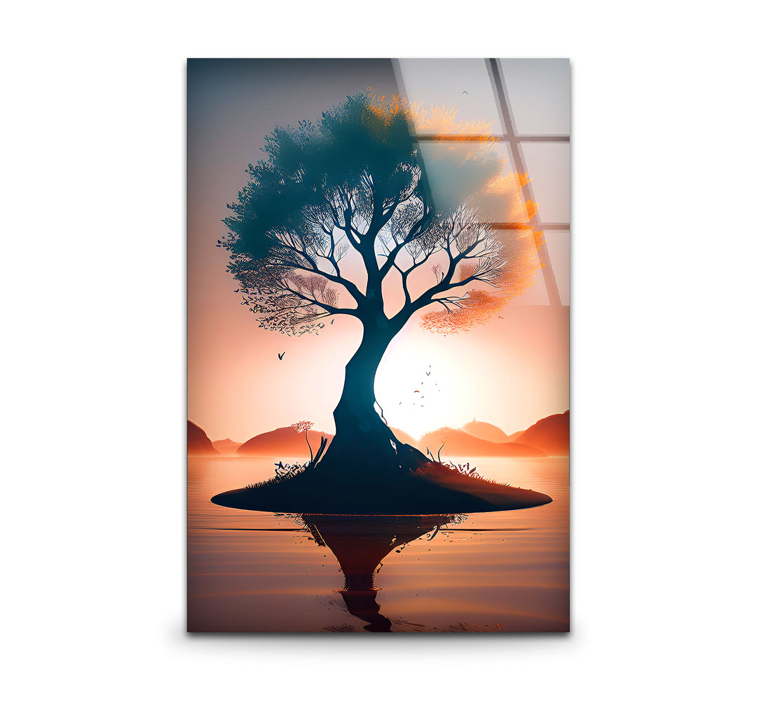 Sonnenuntergang Baum des Lebens Wandkunst – Silhouette Insel Glasdruck Dekor