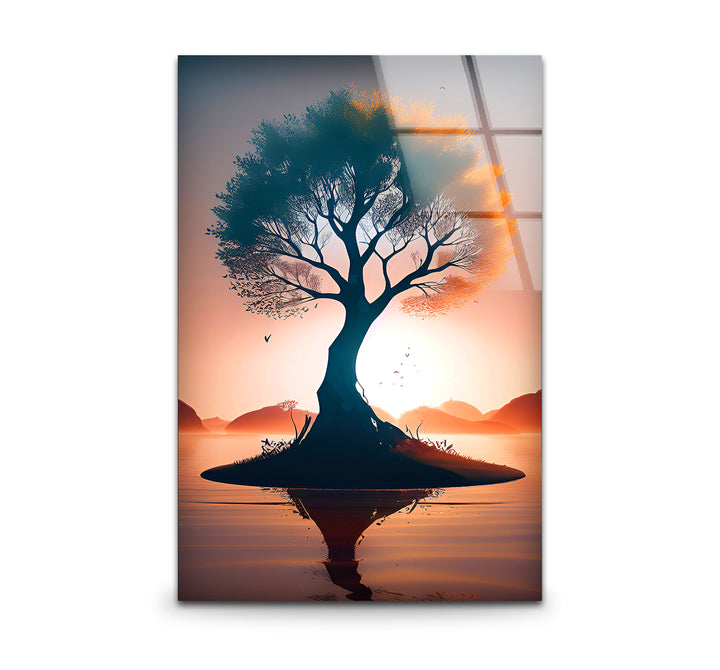 Sonnenuntergang Baum des Lebens Wandkunst – Silhouette Insel Glasdruck Dekor