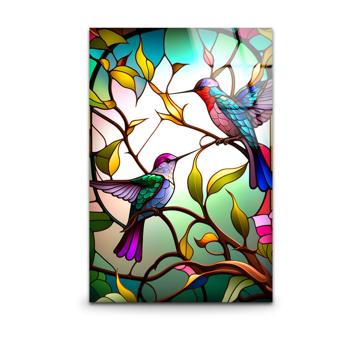 Hummingbirds Stained Glass Wall Art – Colorful Bird & Branch Glass Print