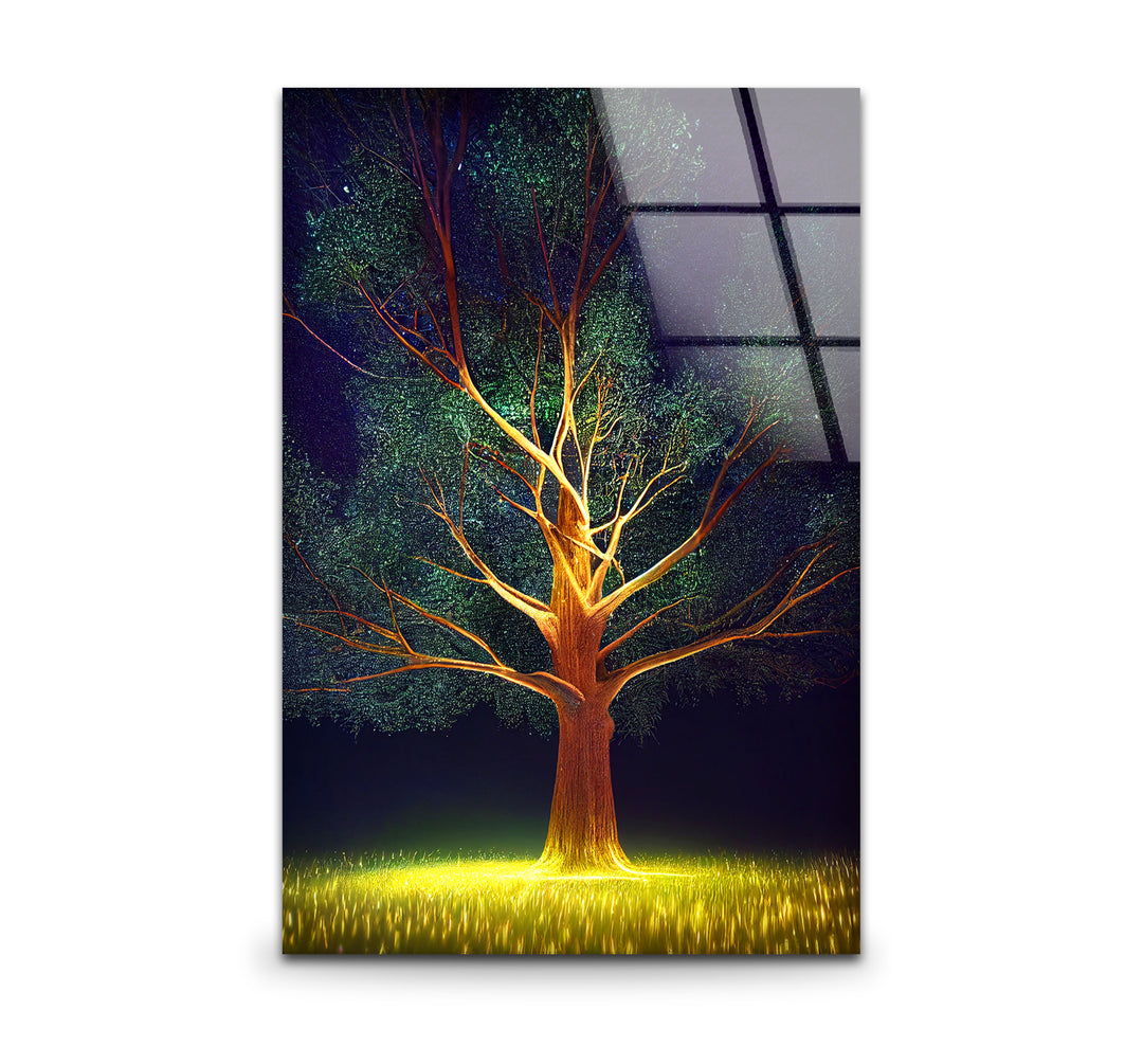 Leuchtende Baum-Wandkunst – Beleuchtetes Nachtwald-Glasdruckdesign