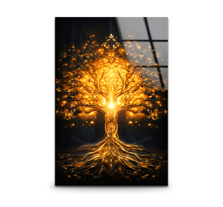 Goldene Fantasiebaum-Wandkunst – Beleuchtetes abstraktes Glasdruckdesign