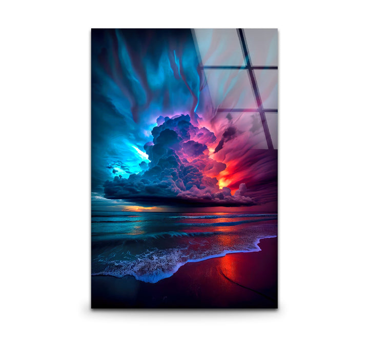 Wandkunst mit stürmischem Strandsonnenuntergang – Lebendiges Himmel- und Ozean-Glasdruckdesign