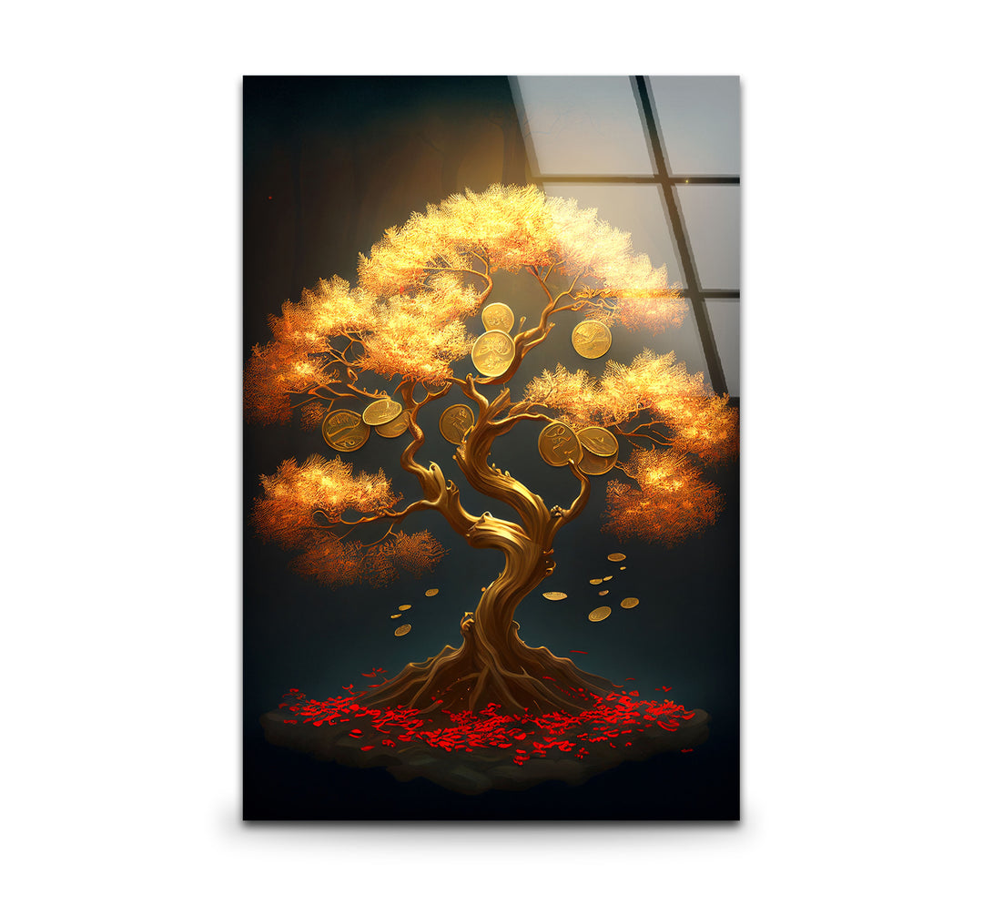 Goldener Geldbaum als Wanddekoration – Symbol für Wohlstand und Reichtum aus Glas