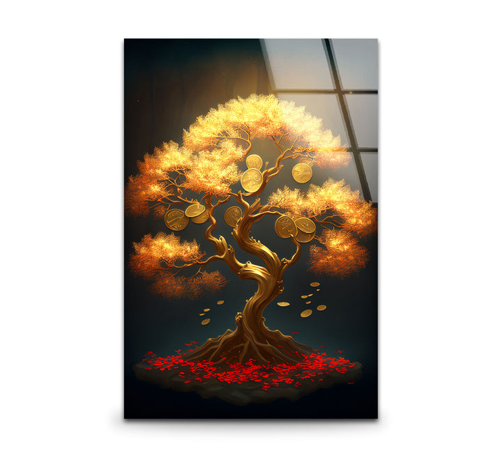 Goldener Geldbaum als Wanddekoration – Symbol für Wohlstand und Reichtum aus Glas