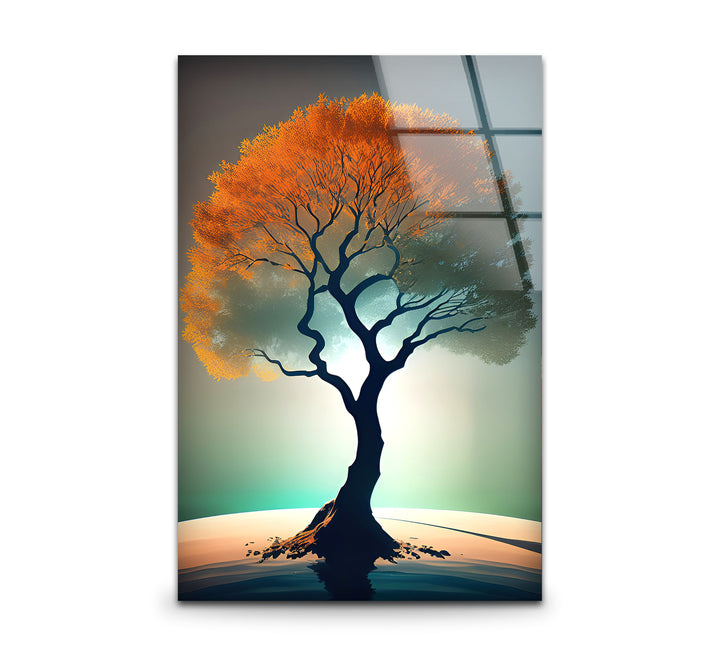 Minimalistische Wandkunst mit Lebensbaum – Orangefarbenes Kronenglas-Druckdesign
