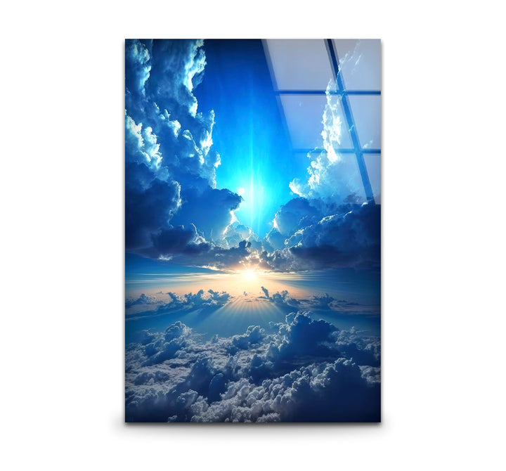 Himmlischer Himmel Wandkunst – Strahlende Wolken und Lichtstrahl Glasdruck