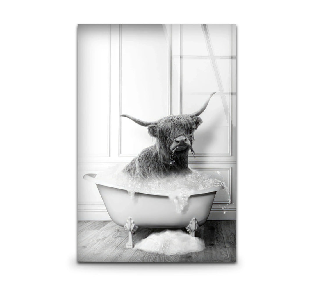 Highland Cow Bubble Bath Wall Art – Funny Black and White Glass Print for Bathroom Decor - MyPhotoStation