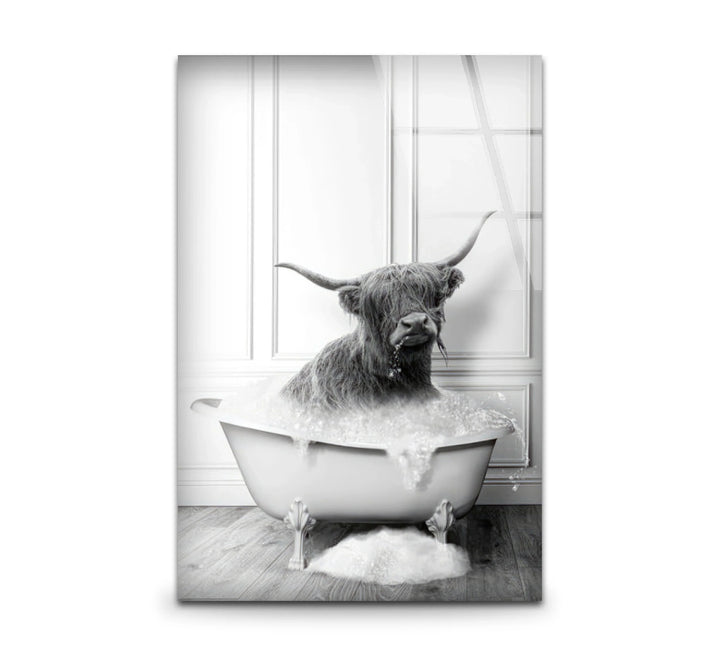 Highland Cow Bubble Bath Wall Art – Funny Black and White Glass Print for Bathroom Decor - MyPhotoStation