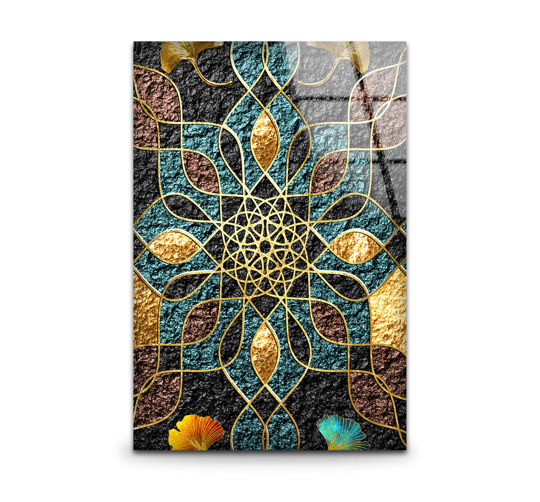 Goldene Mandala-Wandkunst – Geometrisches blaugrünes und schwarzes Muster-Glasdruckdesign