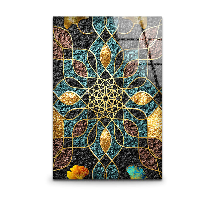 Goldene Mandala-Wandkunst – Geometrisches blaugrünes und schwarzes Muster-Glasdruckdesign