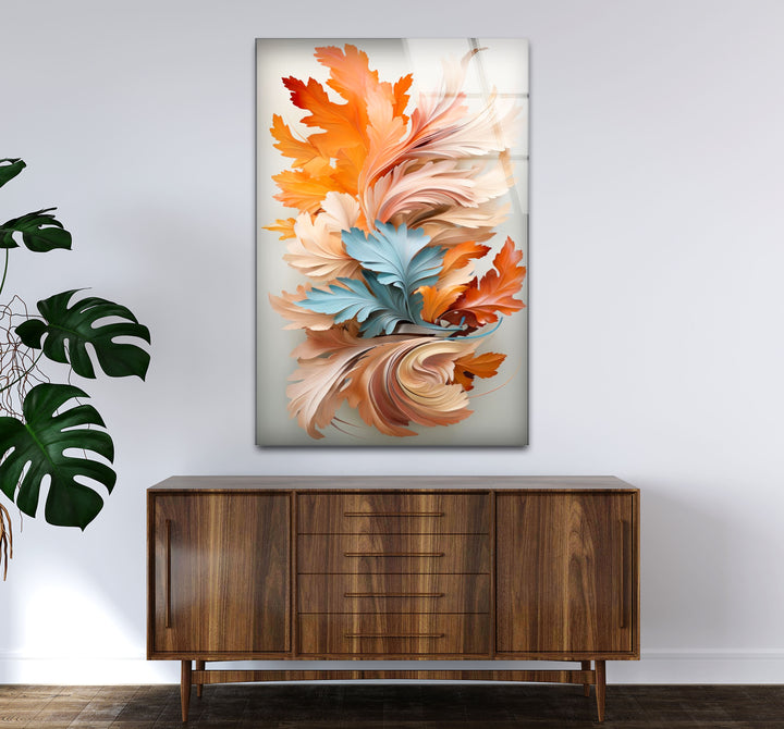 Autumn Leaves Abstract Wall Art – Orange and Blue Botanical Glass Print for Seasonal Elegance