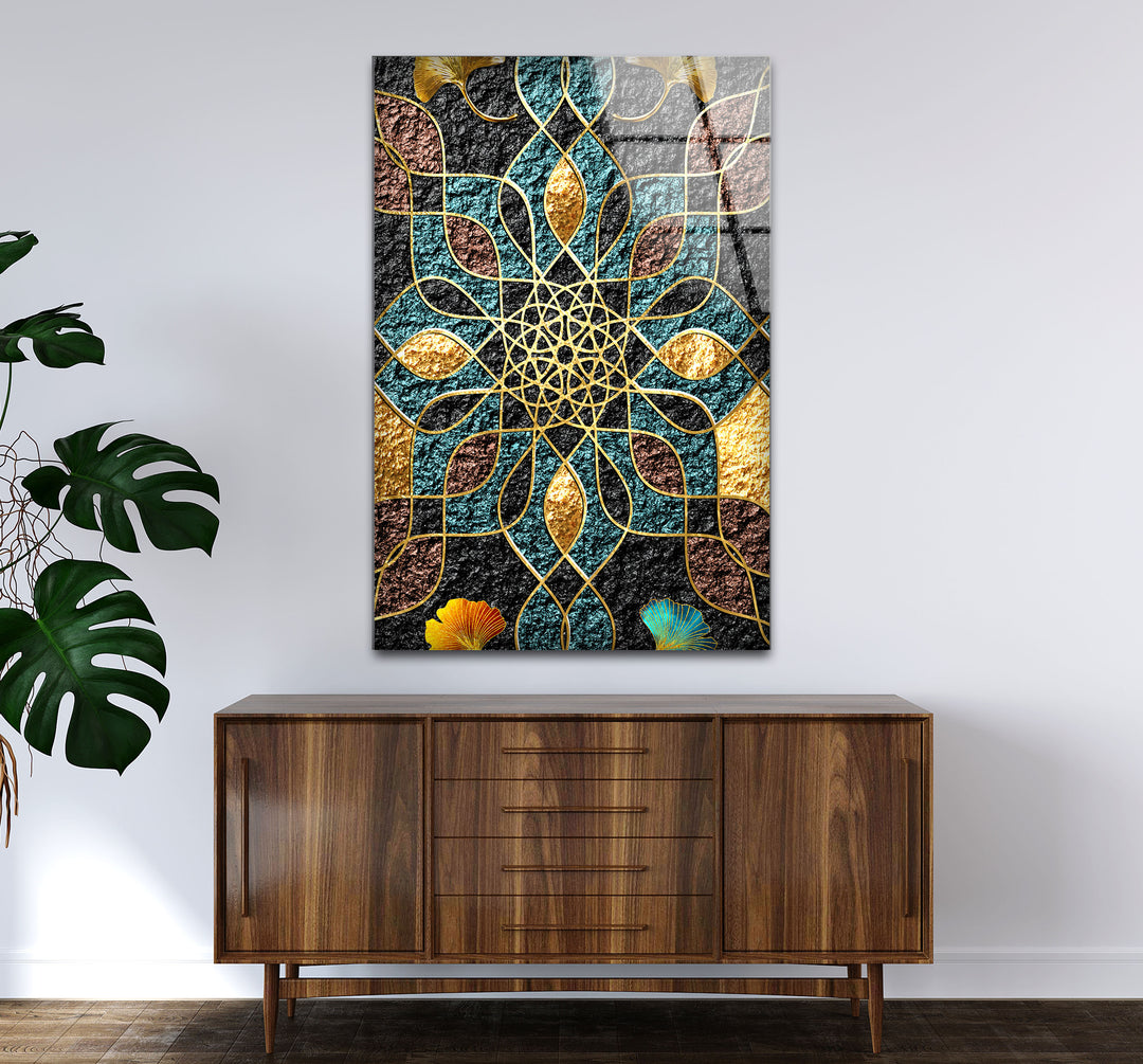 Goldene Mandala-Wandkunst – Geometrisches blaugrünes und schwarzes Muster-Glasdruckdesign