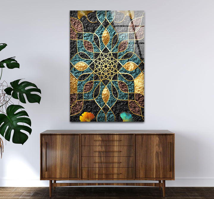 Goldene Mandala-Wandkunst – Geometrisches blaugrünes und schwarzes Muster-Glasdruckdesign