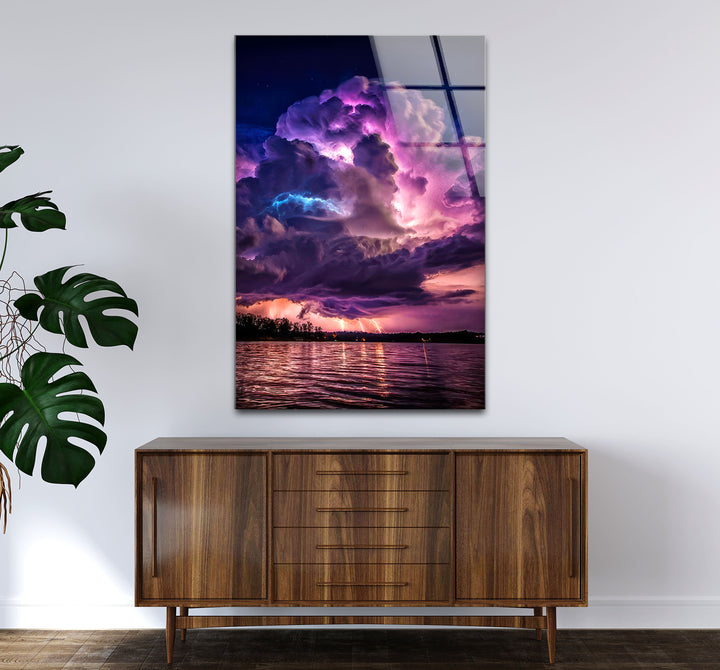 Gewitter-Wandkunst – Lila Gewitterwolke über Seeglasdruck