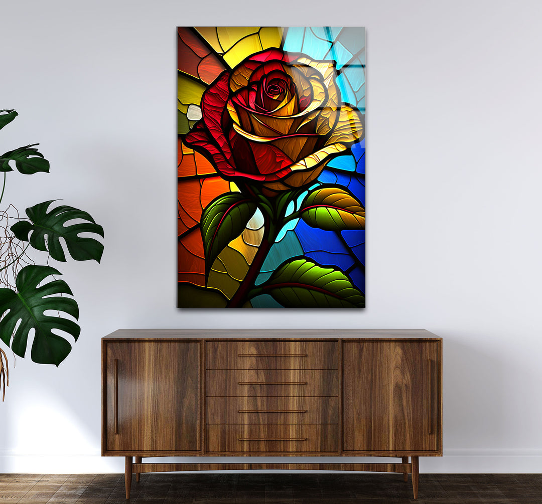Rote Rose Buntglas-Wandkunst – Farbenfrohes florales Glasdruck-Design