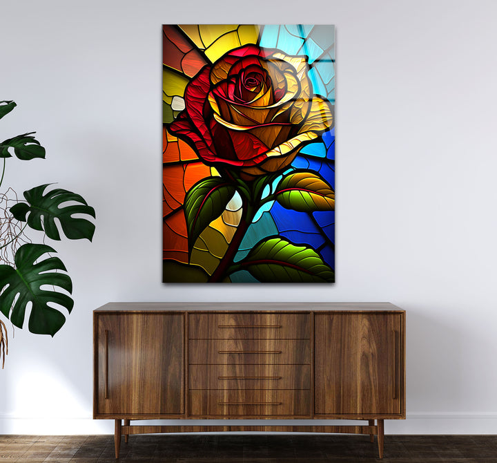 Rote Rose Buntglas-Wandkunst – Farbenfrohes florales Glasdruck-Design