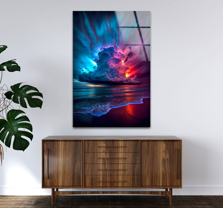 Wandkunst mit stürmischem Strandsonnenuntergang – Lebendiges Himmel- und Ozean-Glasdruckdesign