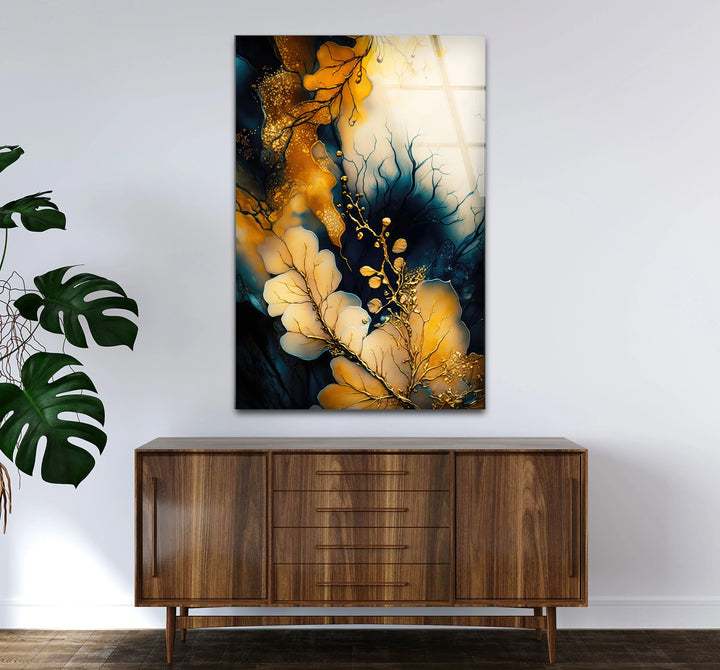 Golden Botanical Abstract Wall Art – Elegant Navy and Gold Glass Print for Luxe Interiors - MyPhotoStation