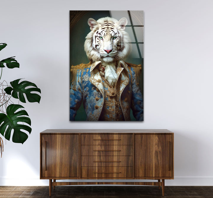 Königliches weißes Tigerporträt als Wandkunst – Kunstwerk im königlichen Tierkostüm