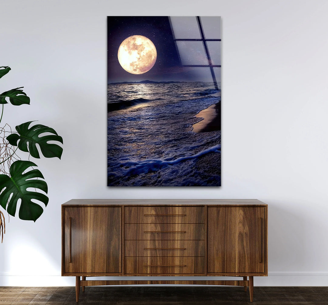 Moonlit Ocean Wall Art – Full Moon Over Waves Glass Print, Night Seascape Decor for Bedroom & Living Room - MyPhotoStation