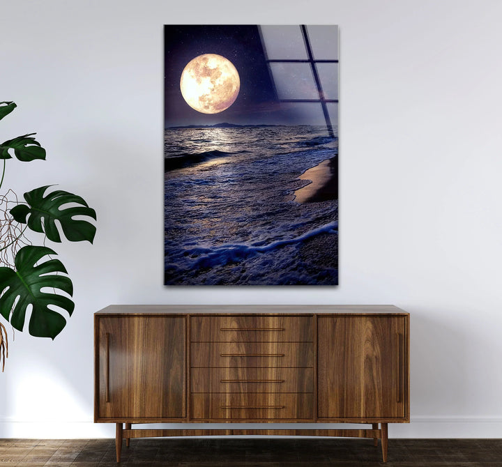 Moonlit Ocean Wall Art – Full Moon Over Waves Glass Print, Night Seascape Decor for Bedroom & Living Room - MyPhotoStation