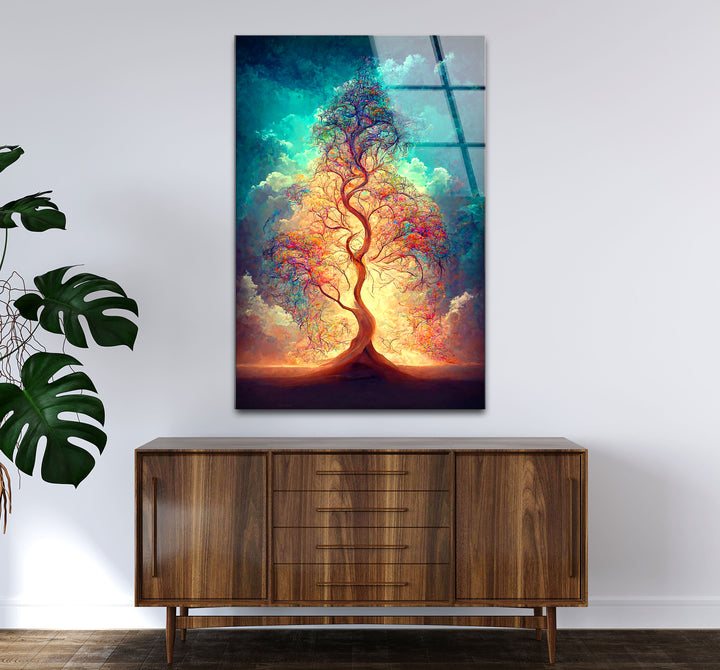 Strahlender Lebensbaum Wandkunst – Ätherisches Licht Fantasy Glasdruck