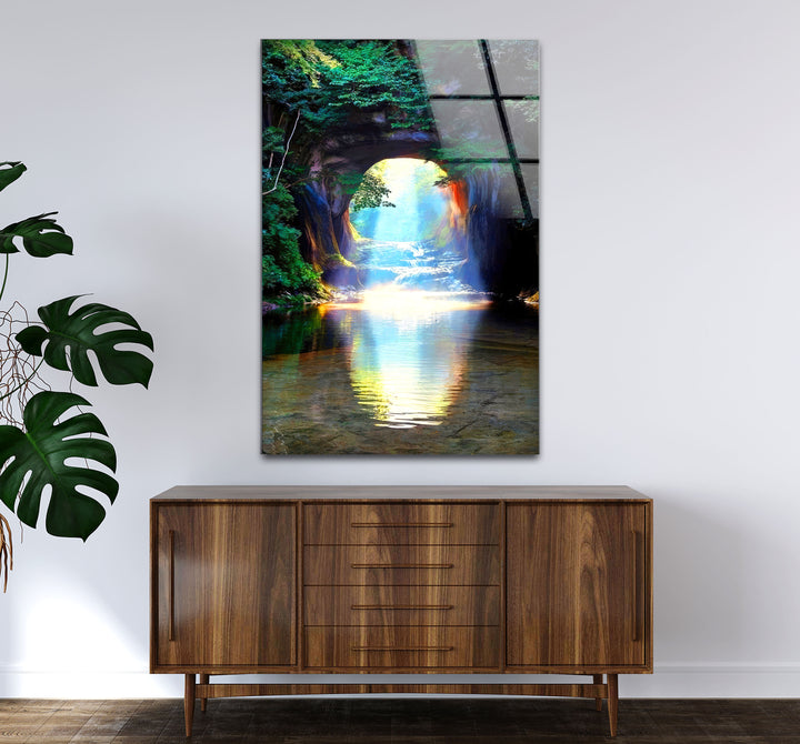Waldlichttunnel-Wandkunst – Sonnenstrahlreflexions-Glasdruckdesign