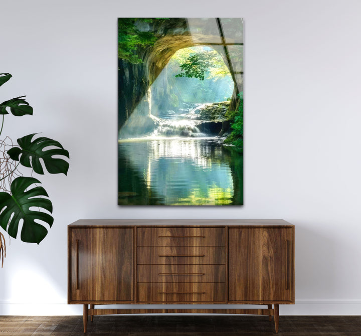 Wald-Wasserfall-Bogen-Wandkunst – Ruhige Naturszene Glasdruck