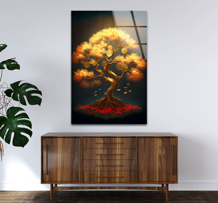 Goldener Geldbaum als Wanddekoration – Symbol für Wohlstand und Reichtum aus Glas