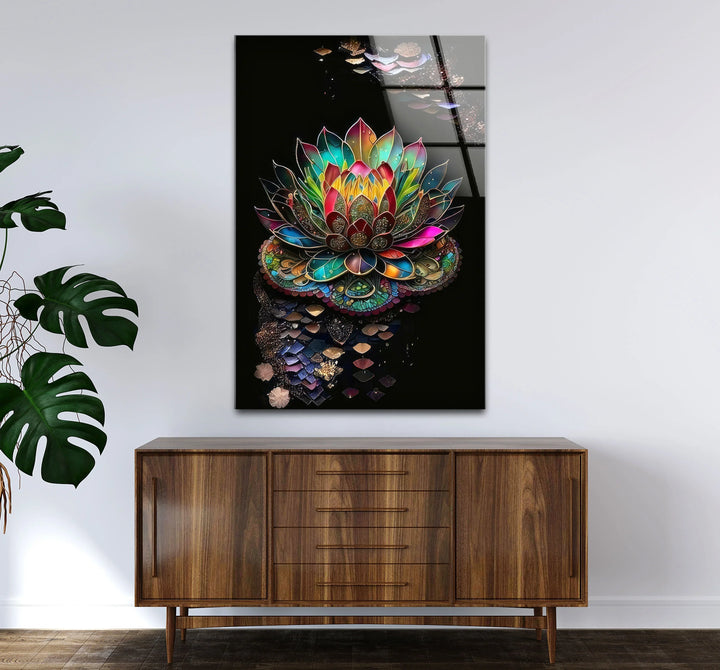 Radiant Lotus Flower Wall Art – Colorful Mandala Glass Print for Spiritual and Zen Decor - MyPhotoStation
