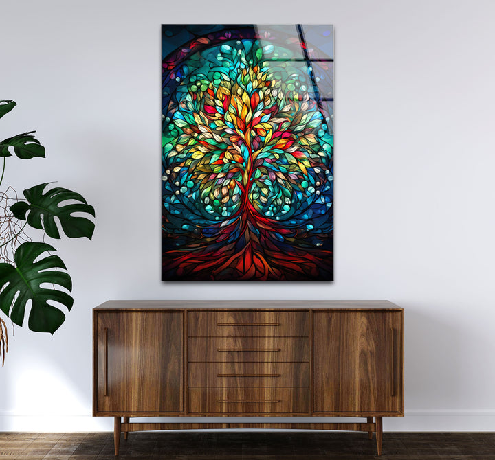 Baum des Lebens Buntglas-Wandkunst – Farbenfrohes vertikales Glasdruckdesign