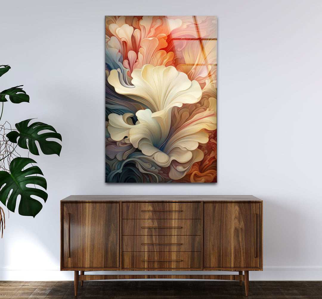 Abstract Floral Swirl Wall Art – Elegant Beige and Coral Glass Print for Modern Interiors