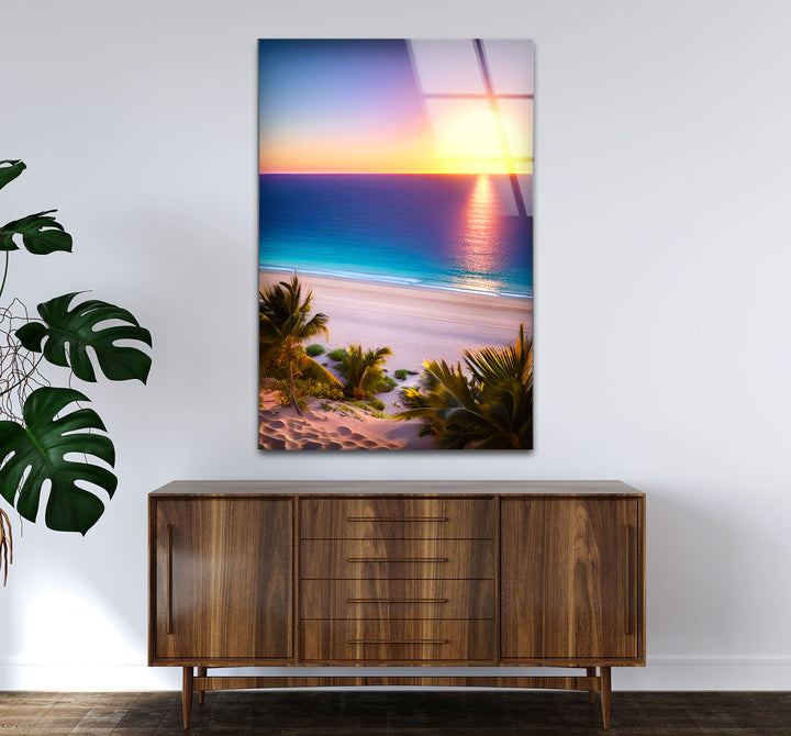 Tropischer Strand Sonnenuntergang Wandkunst – Lebendiger Ozeanhorizont Glasdruck