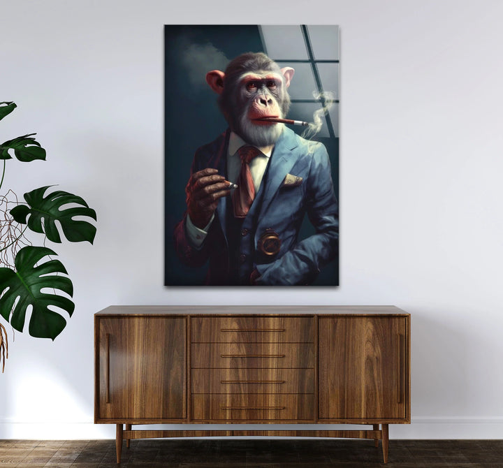 Smoking Monkey Wall Art – Funny Dressed-Up Chimp in Suit Glass Print for Bold Modern Decor - MyPhotoStation