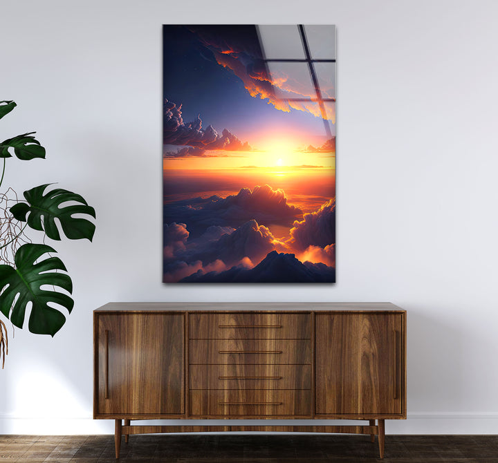 Wandkunst „Über den Wolken Sonnenuntergang“ – Glasdruckdesign „Verträumter Himmel leuchtet“