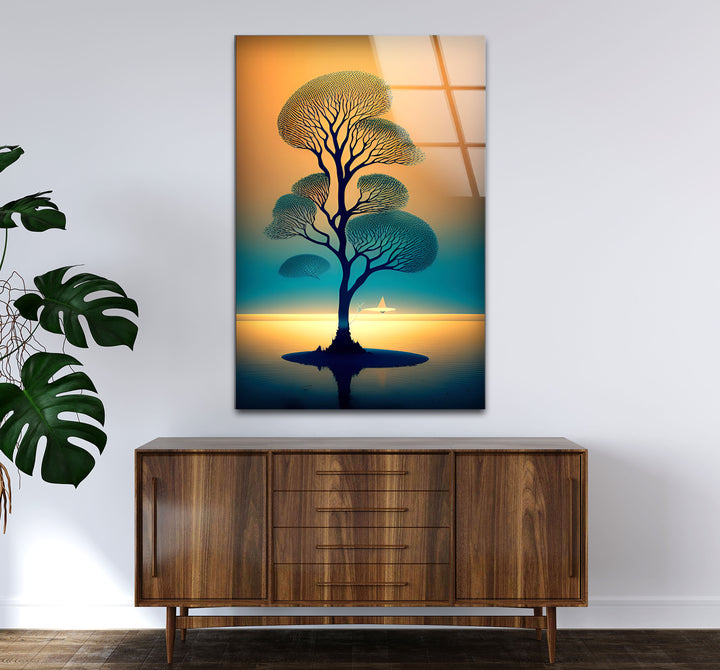 Serene Tree of Life Wall Art – Sailboat Sunset Glass Print Design