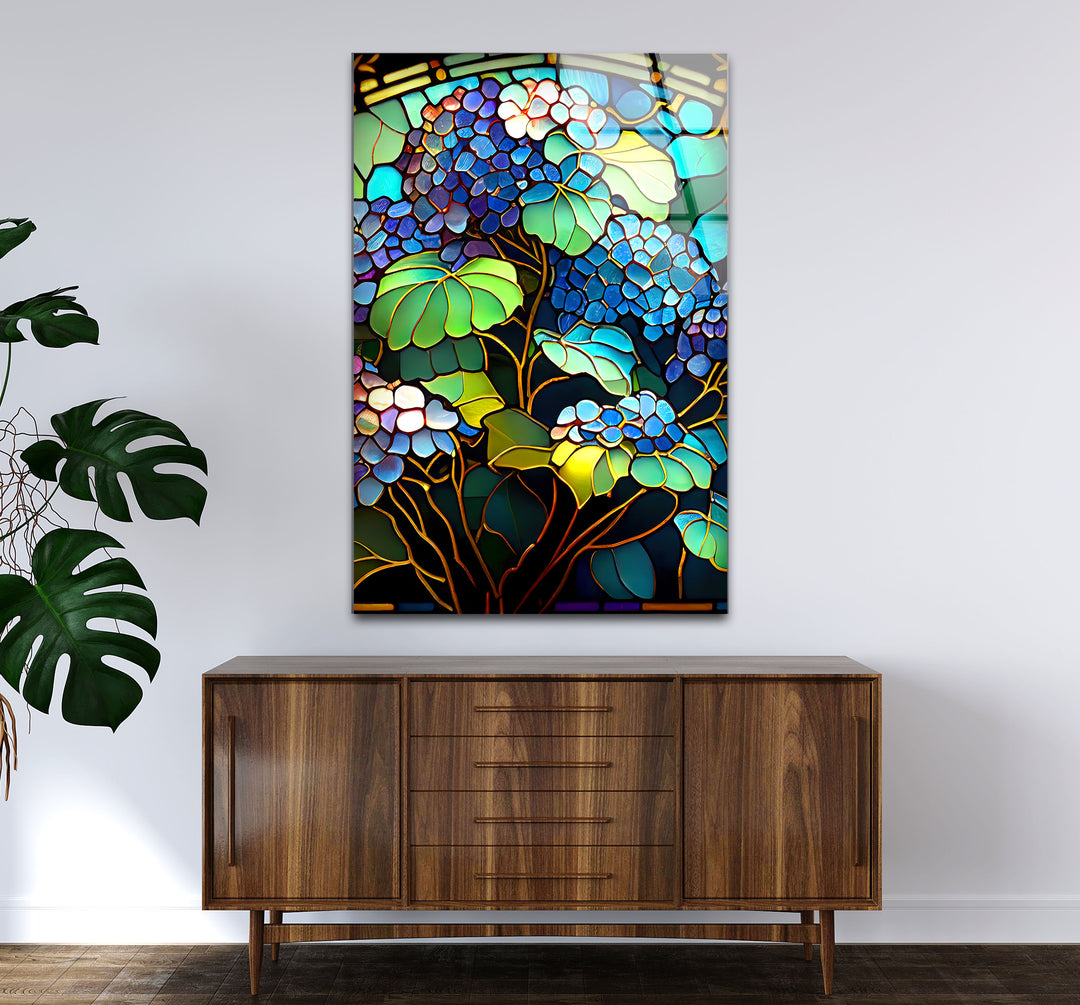 Blaue Hortensie Buntglas-Wandkunst – Vertikaler Blumenglasdruck