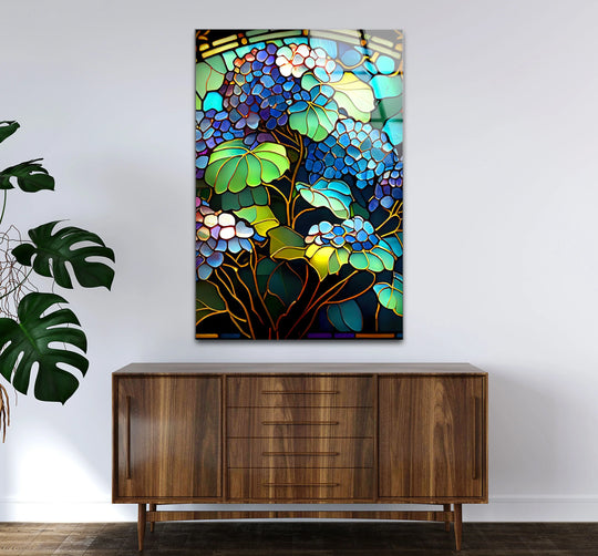 Blue Hydrangea Stained Glass Wall Art – Vertical Floral Glass Print - MyPhotoStation