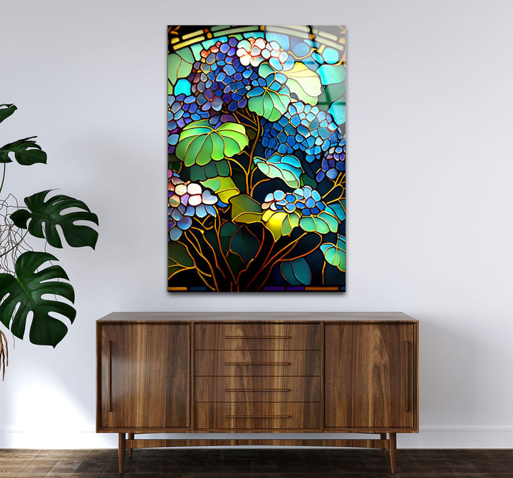 Blaue Hortensie Buntglas-Wandkunst – Vertikaler Blumenglasdruck