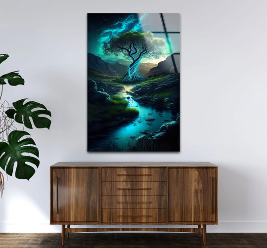 Glass wall art showcases a mystical glowing tree with electric roots and an enchanted night stream.
