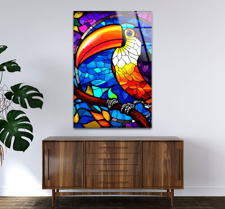 Tukan-Wandkunst aus Buntglas – Lebendiges Glasdruckdesign mit tropischem Vogel