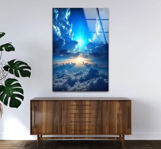 Glass wall art featuring radiant light beams and a smooth cloud texture.